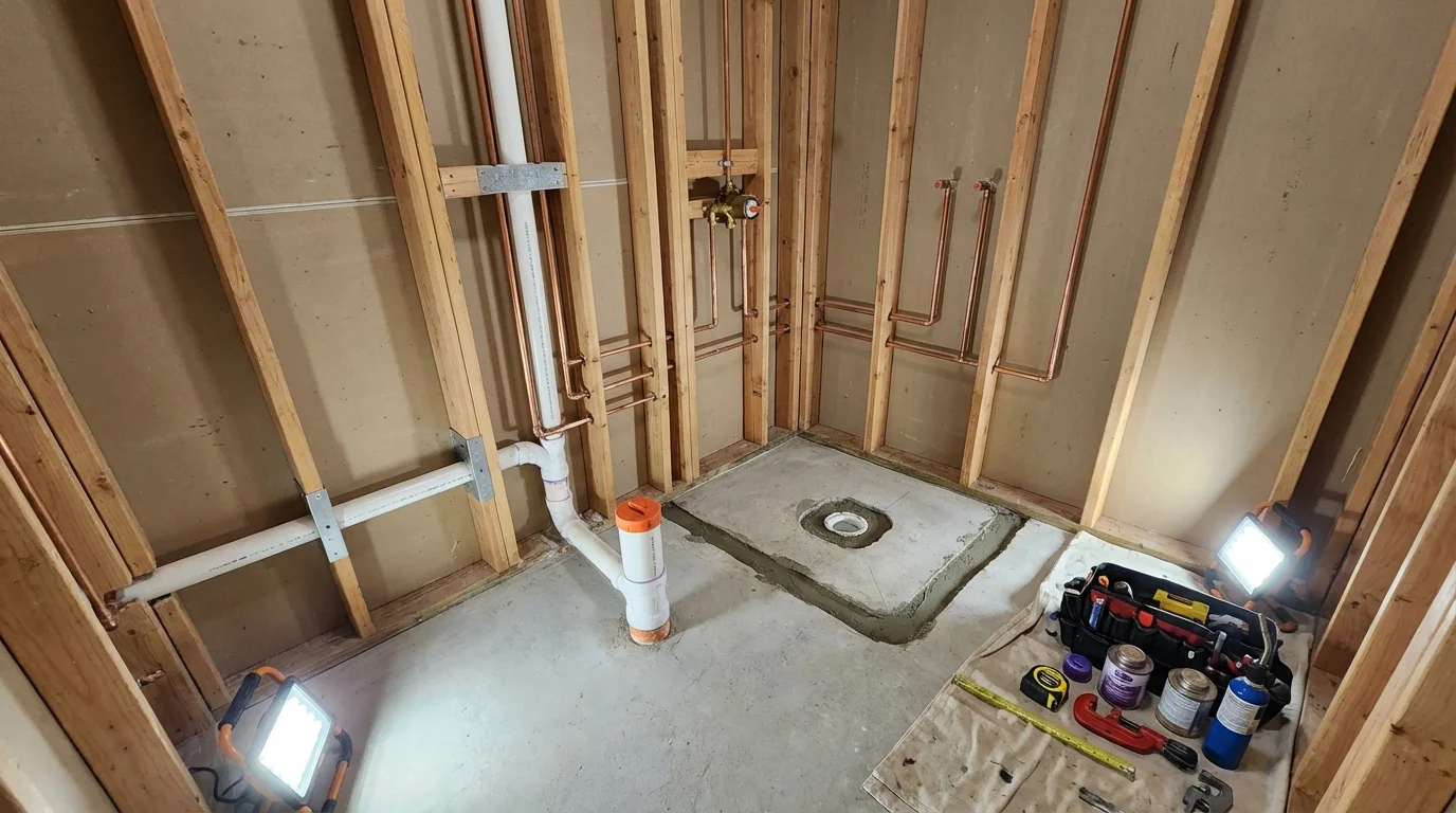 Bathroom rough-in plumbing during remodel by Johns Plumbing LLC in Earlimart