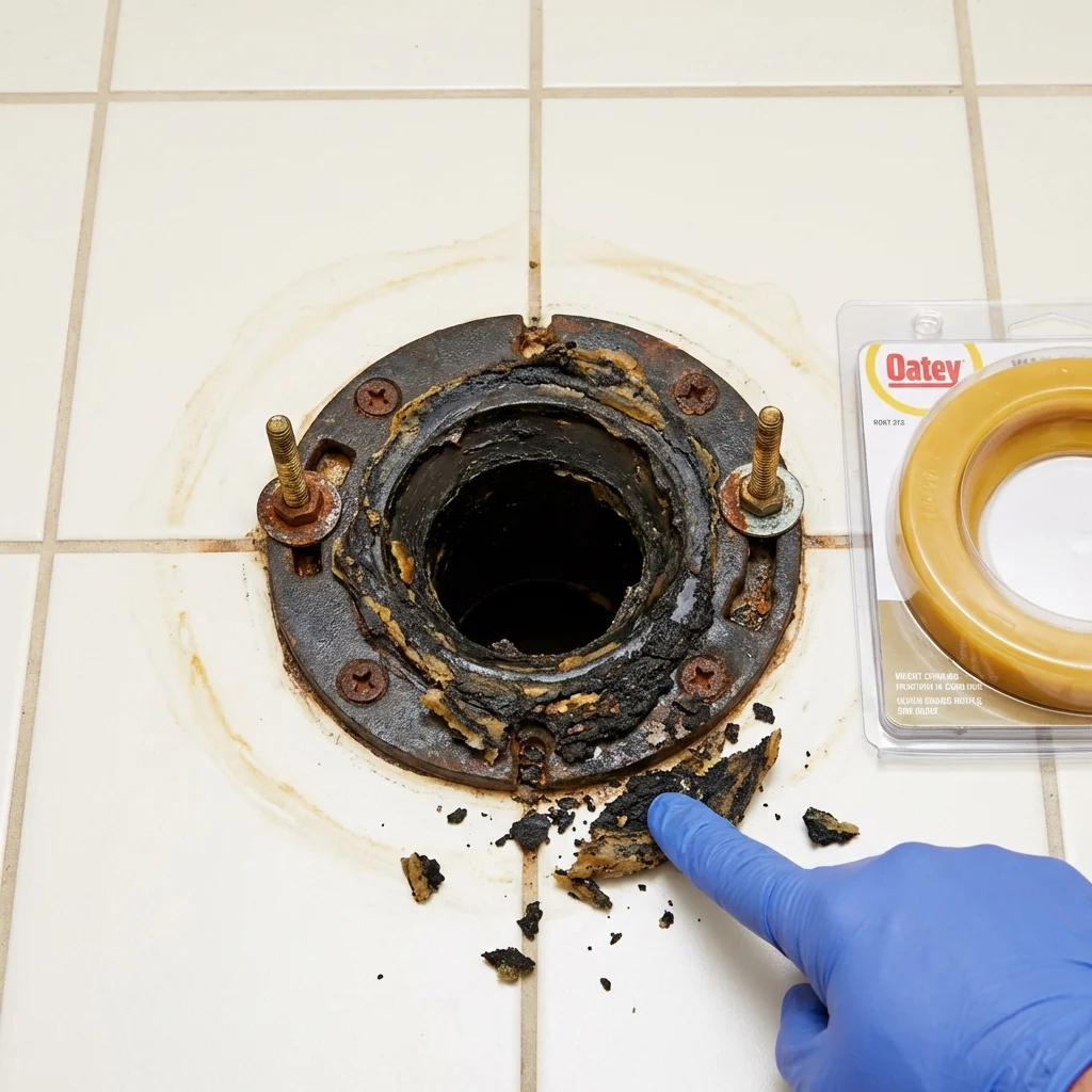 Failed wax ring showing water seepage at the base of a toilet in a Earlimart, CA home