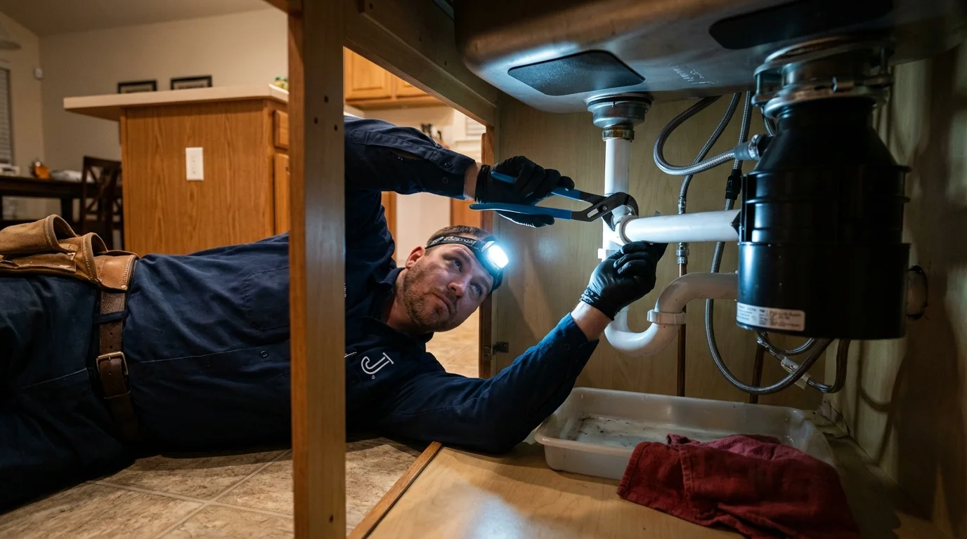 P-trap and supply line connections under a kitchen sink showing a common leak point in Earlimart, CA